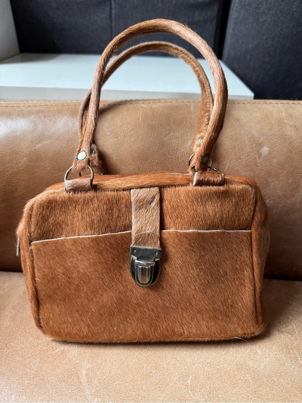 Vintage Brown Calf hair Top-Handle Mini Satchel bag w buckle fur outside pocket
